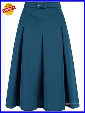 Women's Office Work Skirts Belted Waist Midi A-Line Pleated Skirt